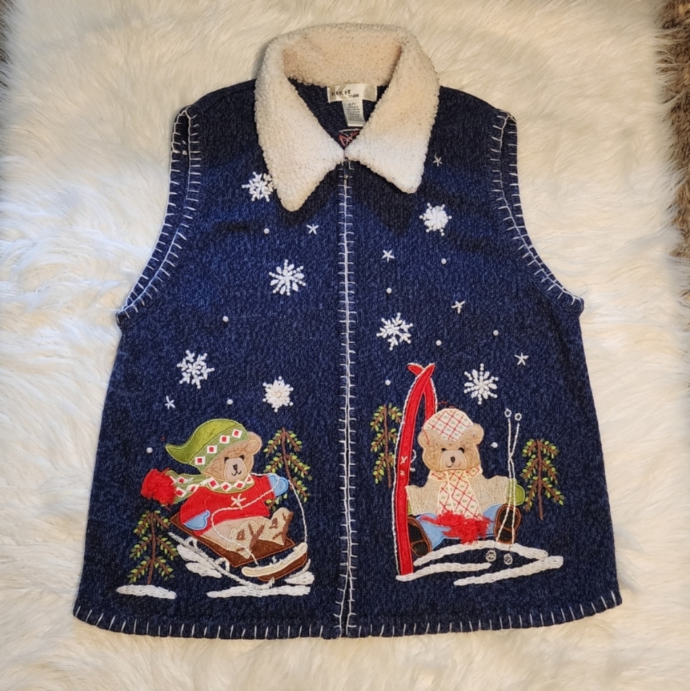 VINTAGE Holiday Not So Ugly Christmas Teddy Bear Embroidered Zip-Up Cardigan - Picture 14 of 14